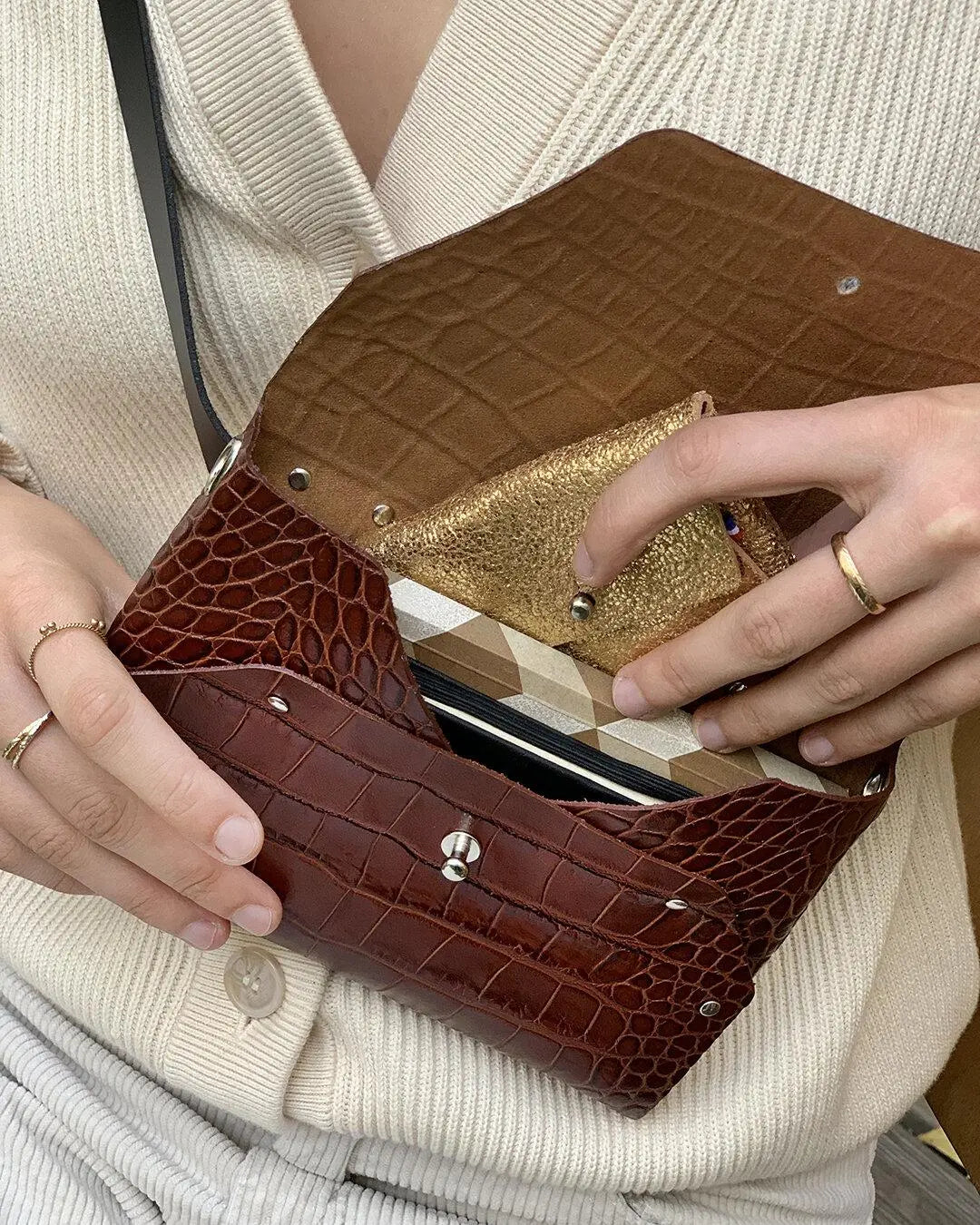 114 Paris Pliage mini sac cuir croco marron + porte-monnaie