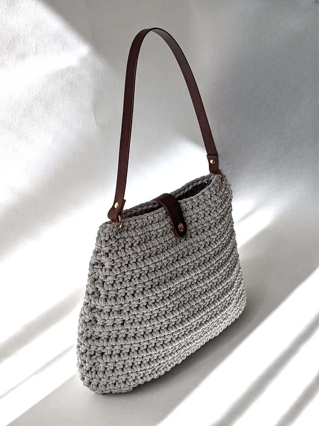 Georgetta Lucie cabas crochet gris clair cuir