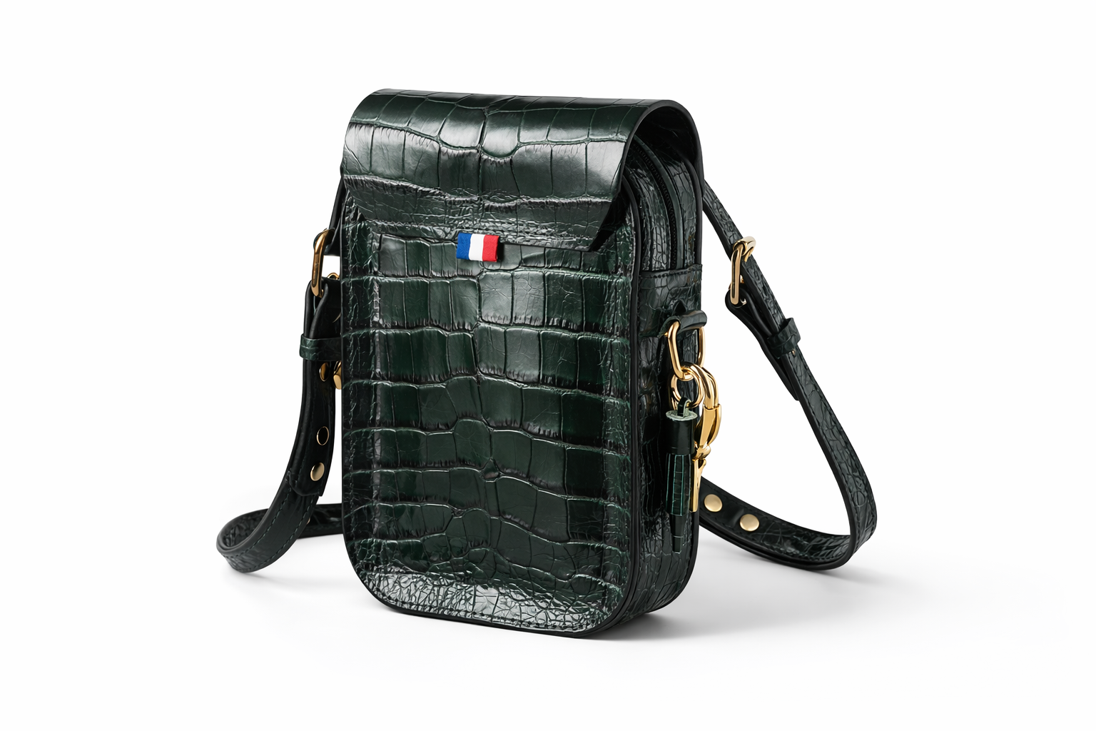 Fleur d’Orage Pochette téléphone cuir croco vert bandoulière