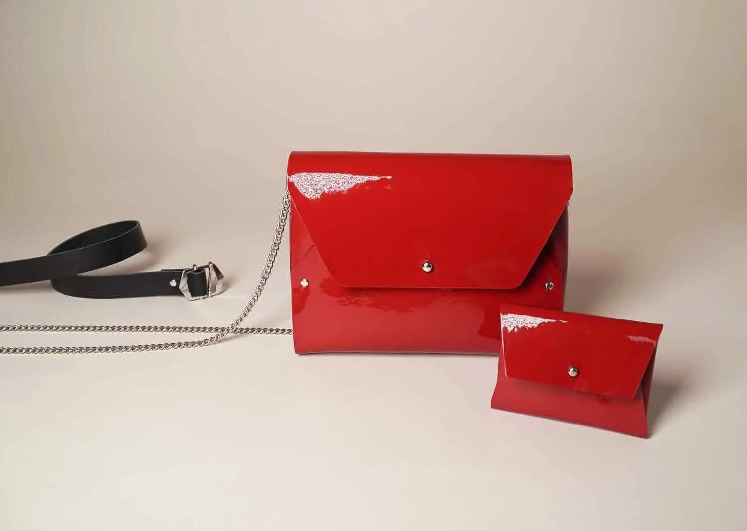114 Paris Pliage mini sac cuir vernis rouge + porte-monnaie