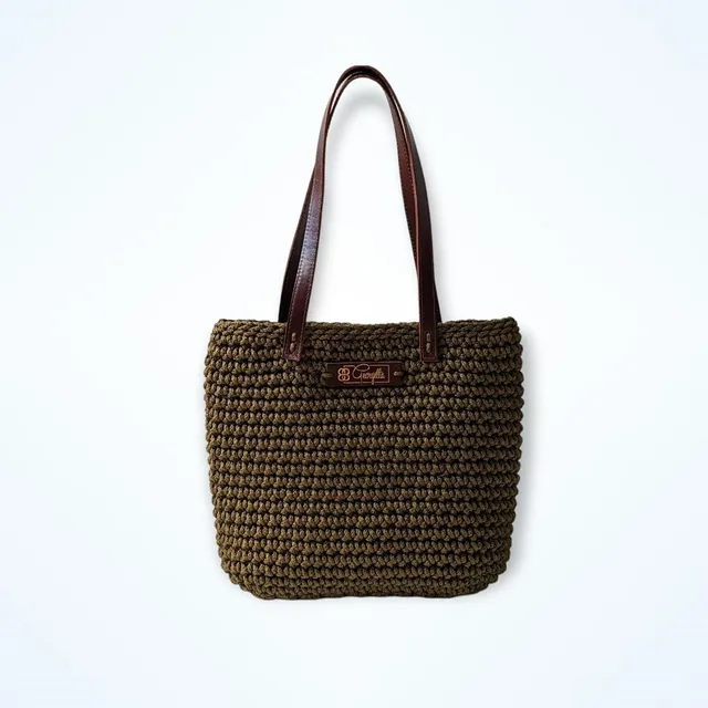 Georgetta Wendy cabas crochet kaki anses courtes cuir