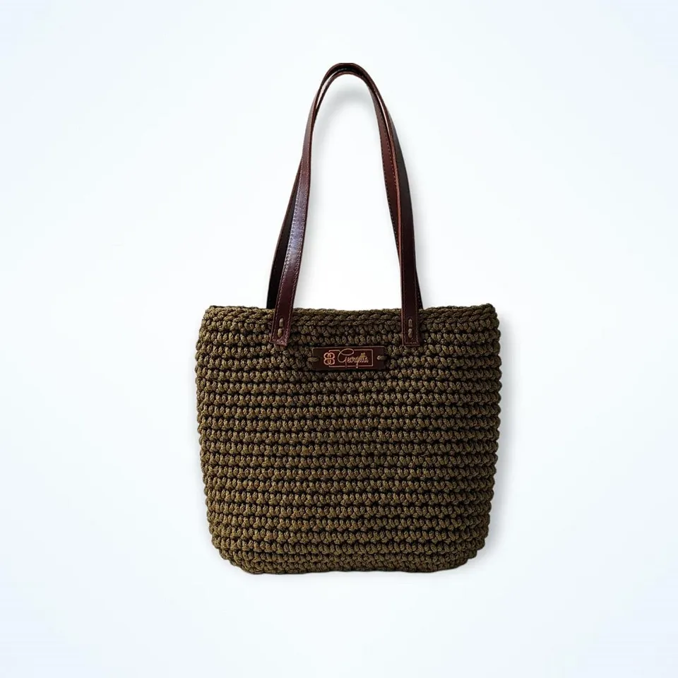 Georgetta Wendy cabas crochet kaki anses courtes cuir