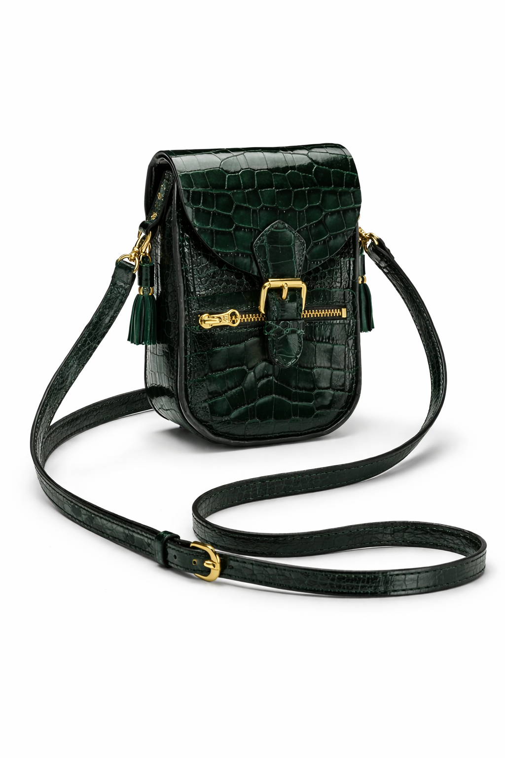 Fleur d’Orage Pochette téléphone cuir croco vert bandoulière