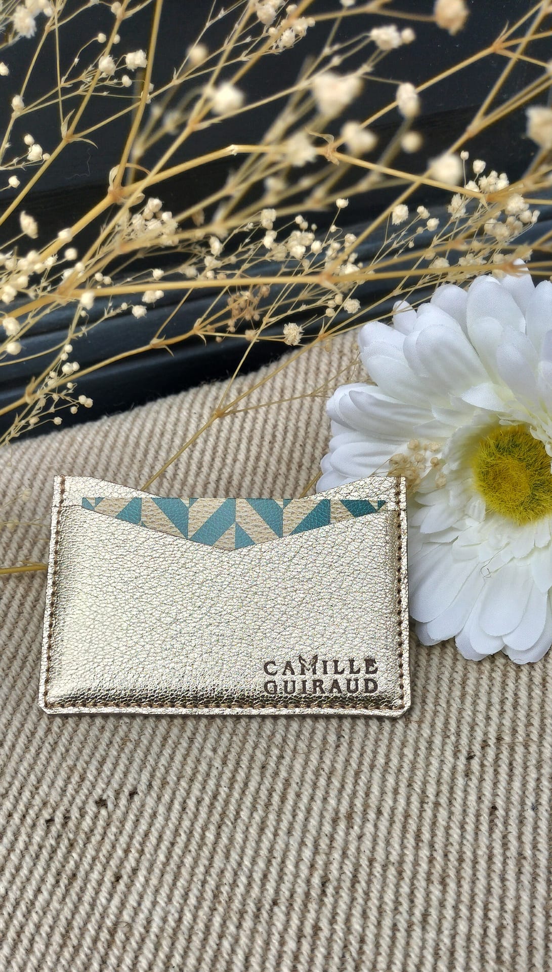 Camille Guiraud Porte-cartes rose doré cuir chèvre simple
