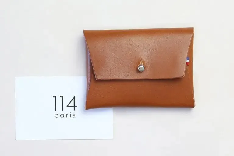 114 Paris Porte-monnaie cuir femme camel origami bouton