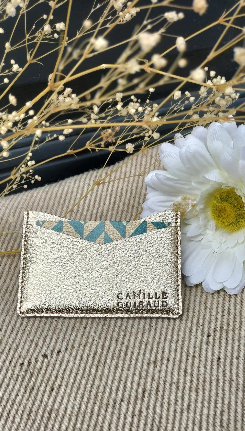 Camille Guiraud Porte-cartes rose doré cuir chèvre simple