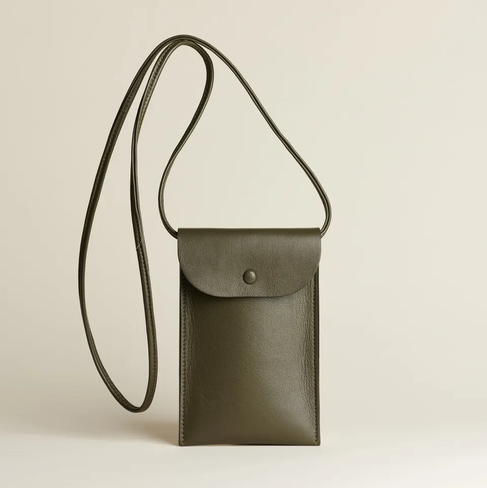 Idoine Pochette smartphone cuir kaki sans initiales
