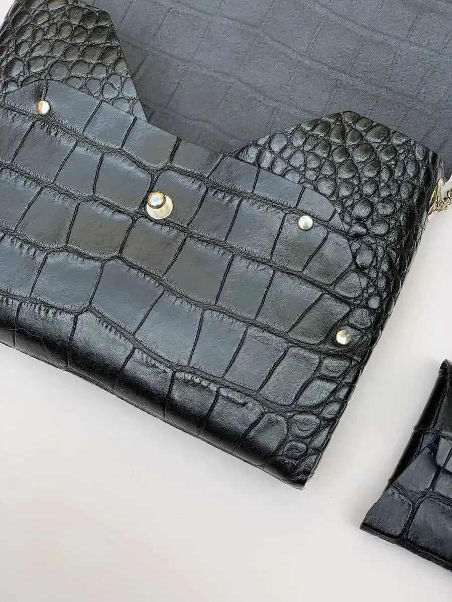 114 Paris Pliage mini sac cuir croco noir + porte-monnaie