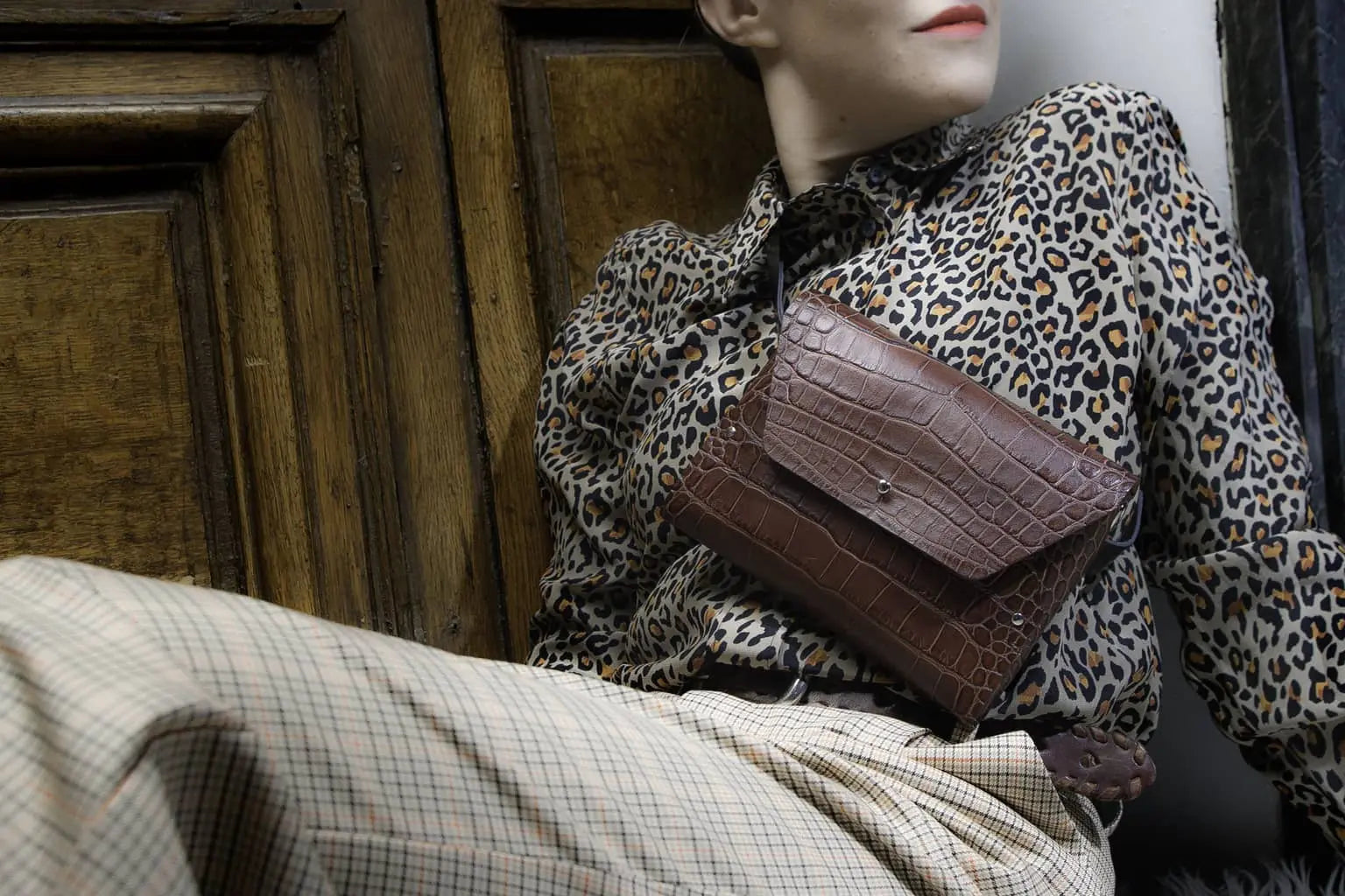 114 Paris Pliage mini sac cuir croco marron + porte-monnaie