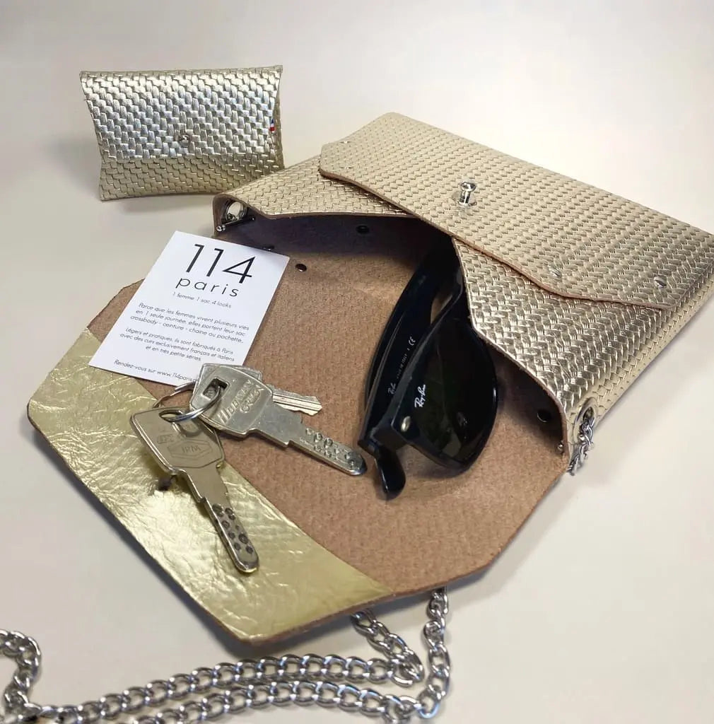 114 Paris Pliage Mini sac cuir doré or 19x14cm