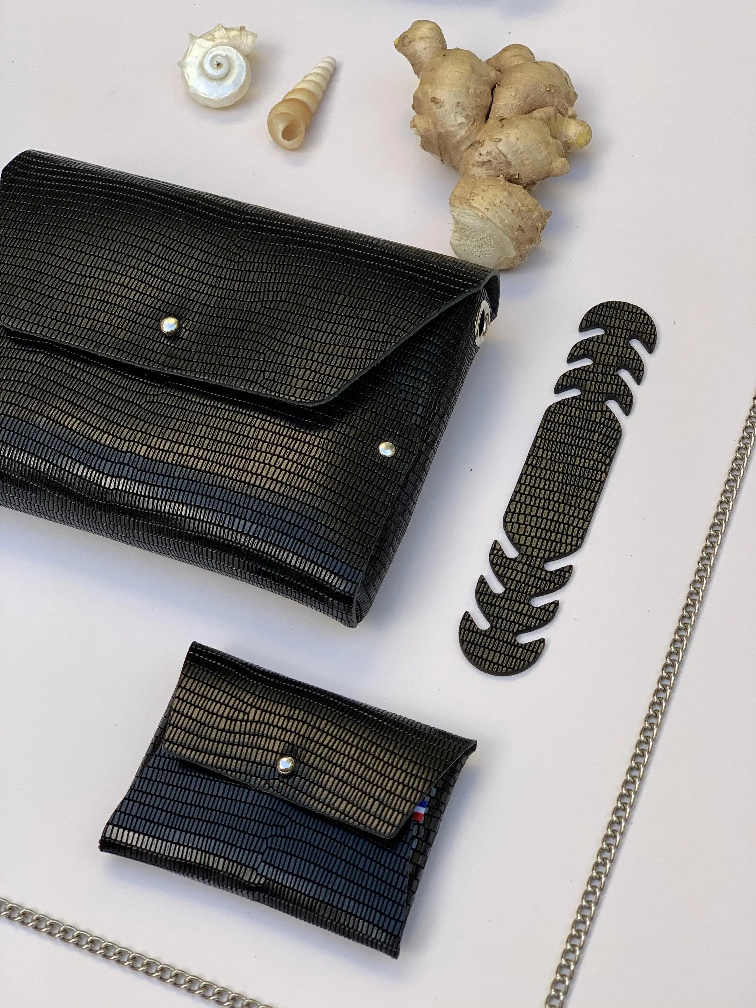 114 Paris Pliage mini sac cuir iguane noir + pochette