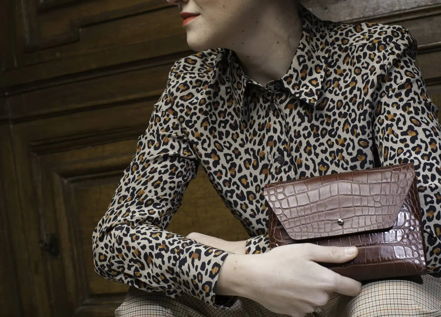 114 Paris Pliage mini sac cuir croco marron + porte-monnaie