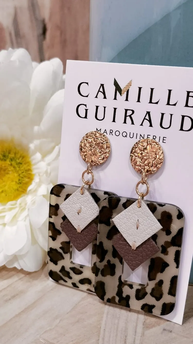 Camille Guiraud Julie guépard beige boucles d'oreilles cuir