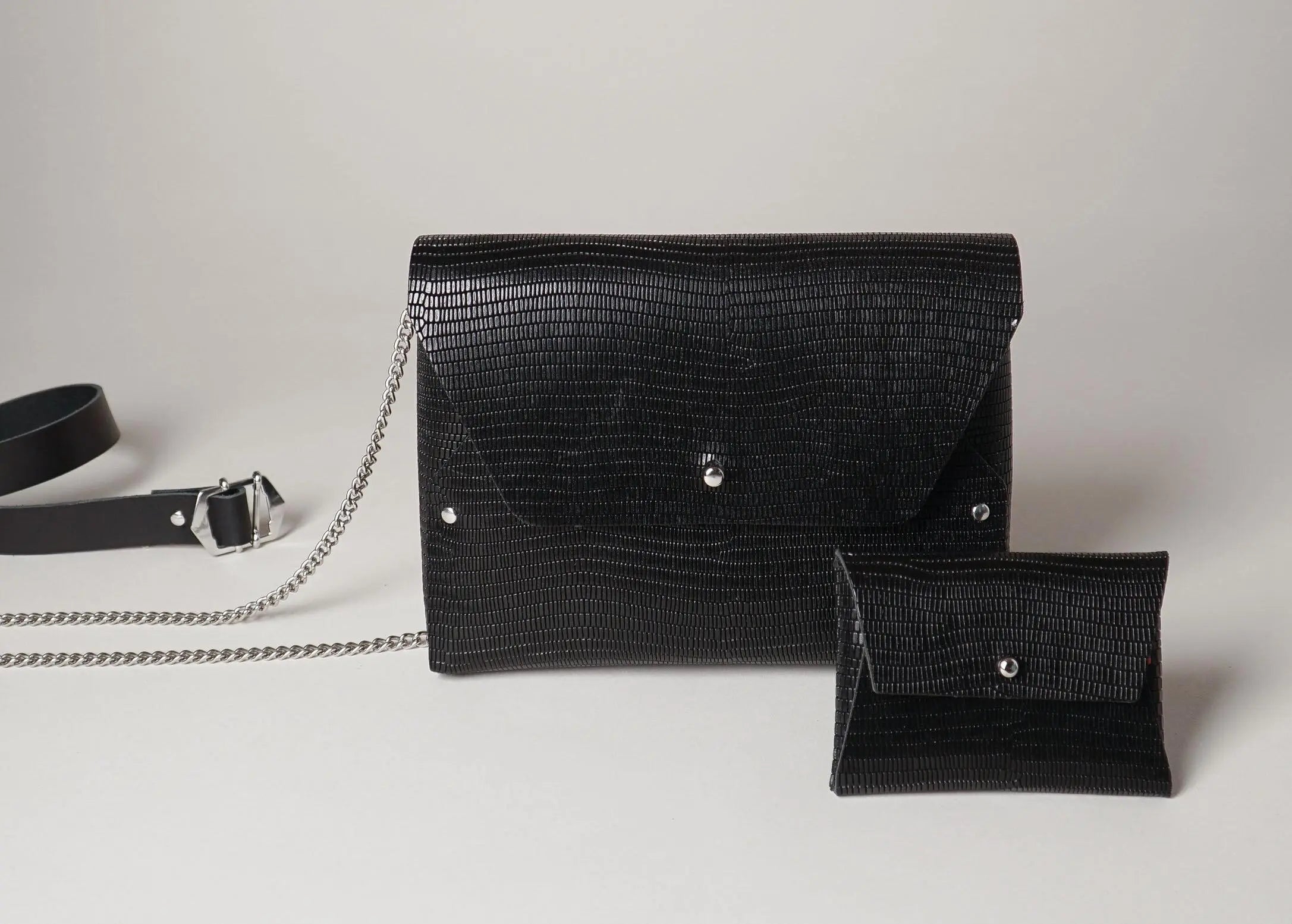 114 Paris Pliage mini sac cuir iguane noir + pochette