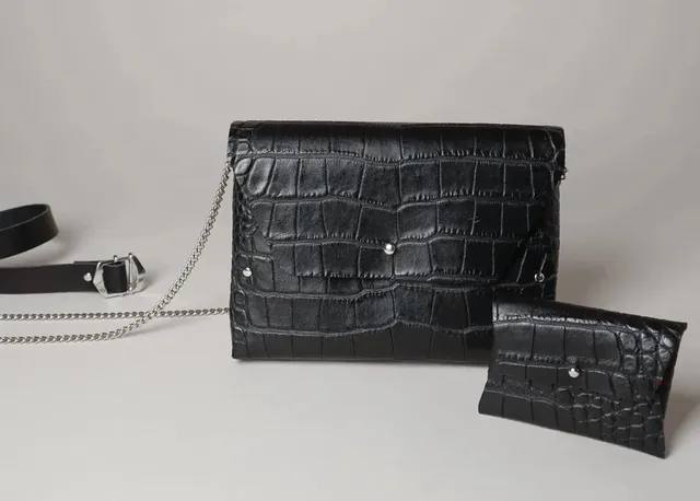 114 Paris Pliage mini sac cuir croco noir + porte-monnaie