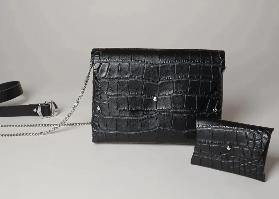 114 Paris Pliage mini sac cuir croco noir + porte-monnaie