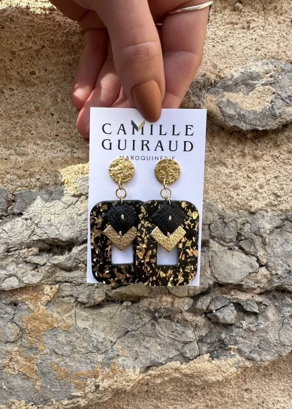 Camille Guiraud Julie boucles d'oreilles cuir noir doré
