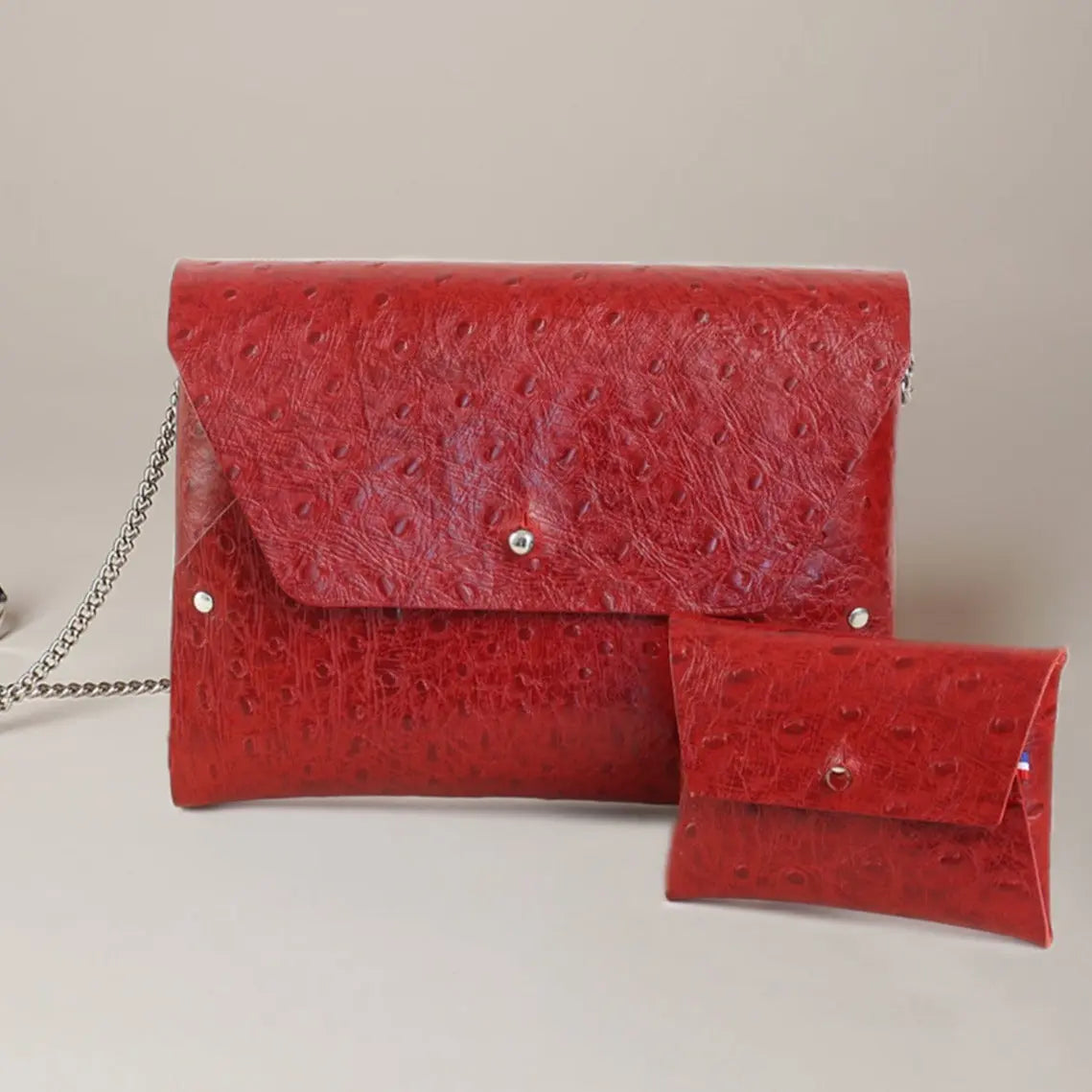 114 Paris Pliage mini sac cuir autruche rouge + porte-monnaie