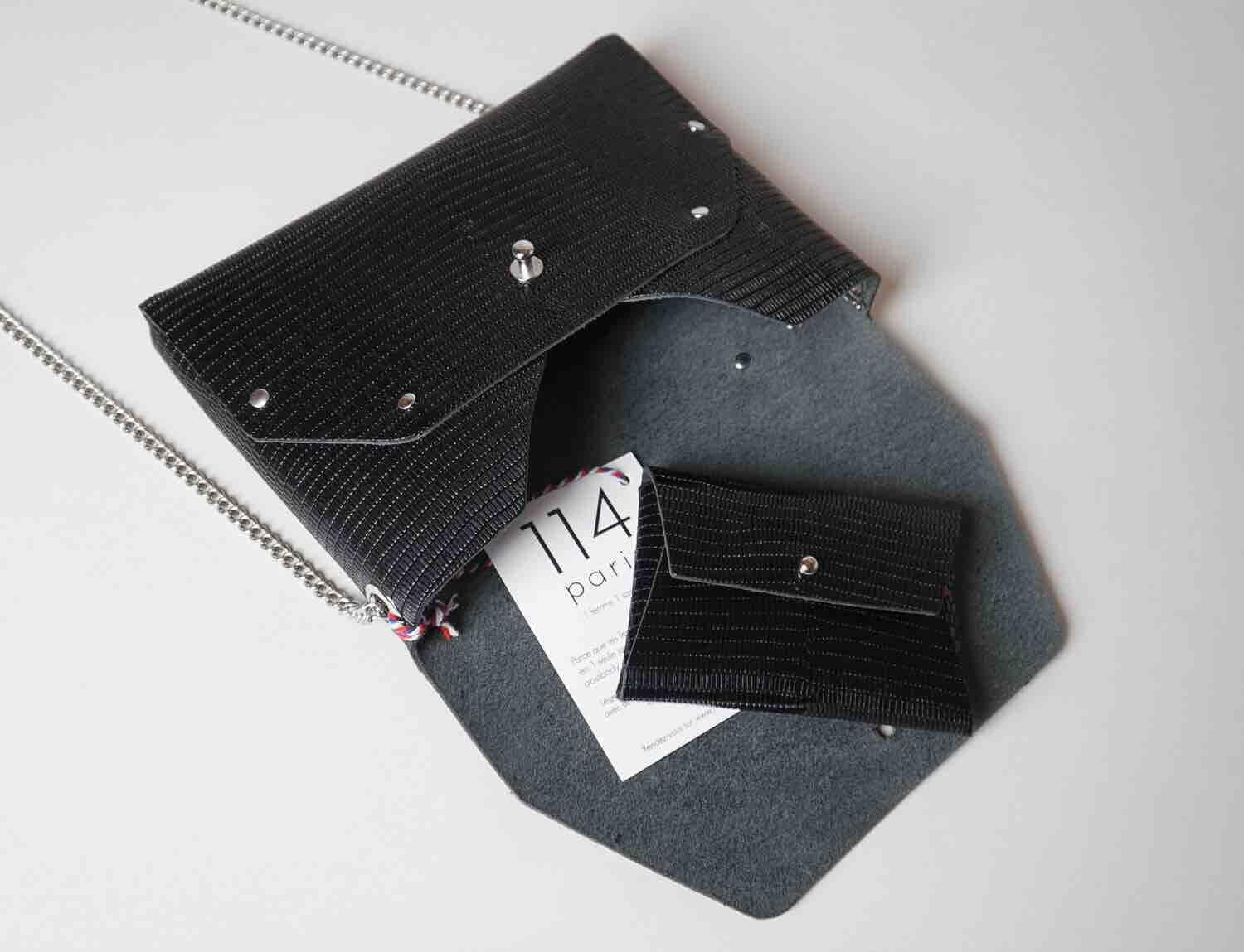 114 Paris Pliage mini sac cuir iguane noir + pochette