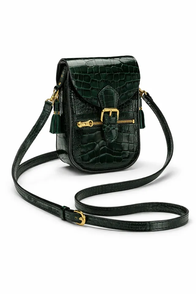 Fleur d’Orage Pochette téléphone cuir croco vert bandoulière