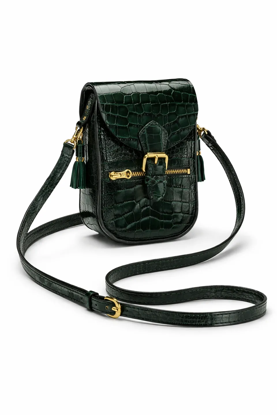 Fleur d’Orage Pochette téléphone cuir croco vert bandoulière