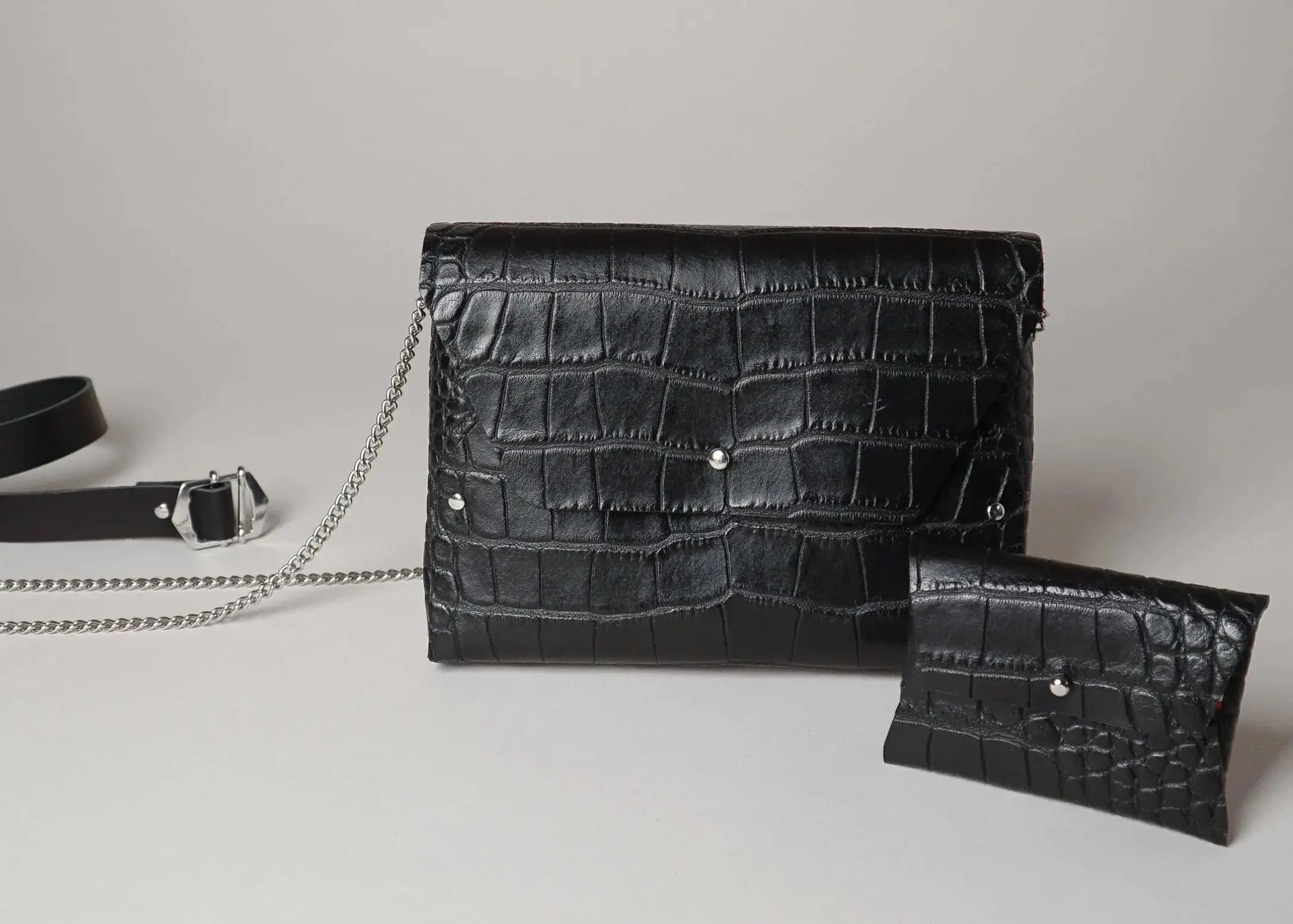 114 Paris Pliage mini sac cuir croco noir + porte-monnaie