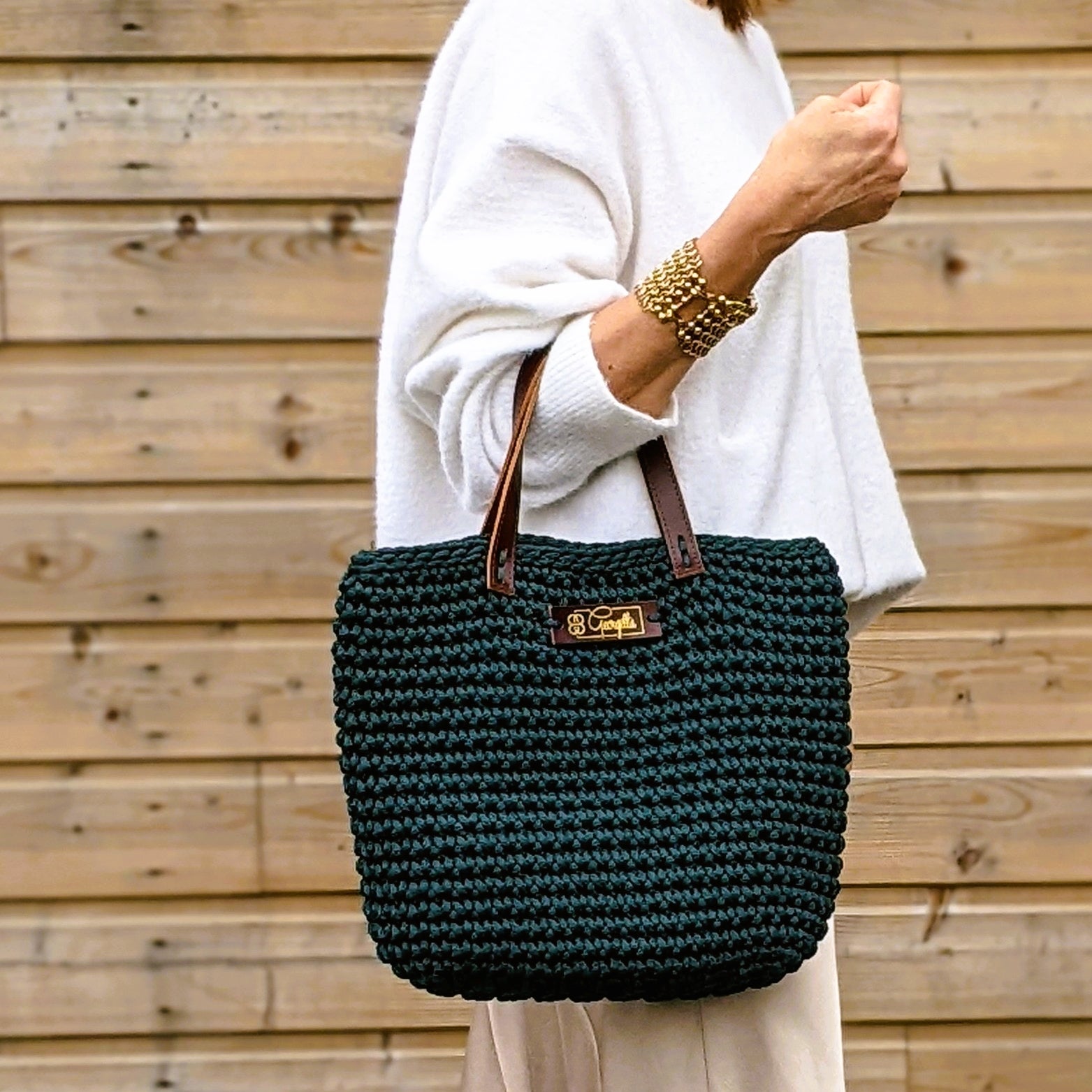 Georgetta Wendy émeraude cabas crochet anses cuir France