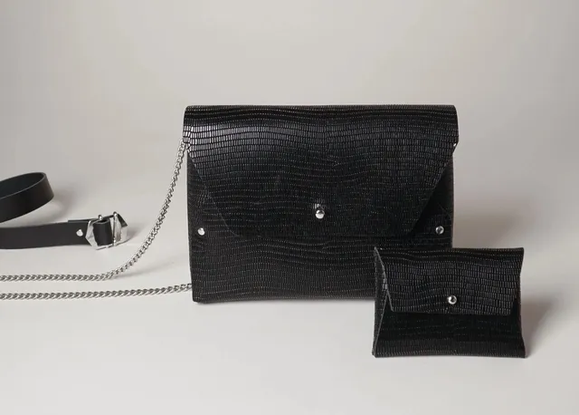 114 Paris Pliage mini sac cuir iguane noir + pochette