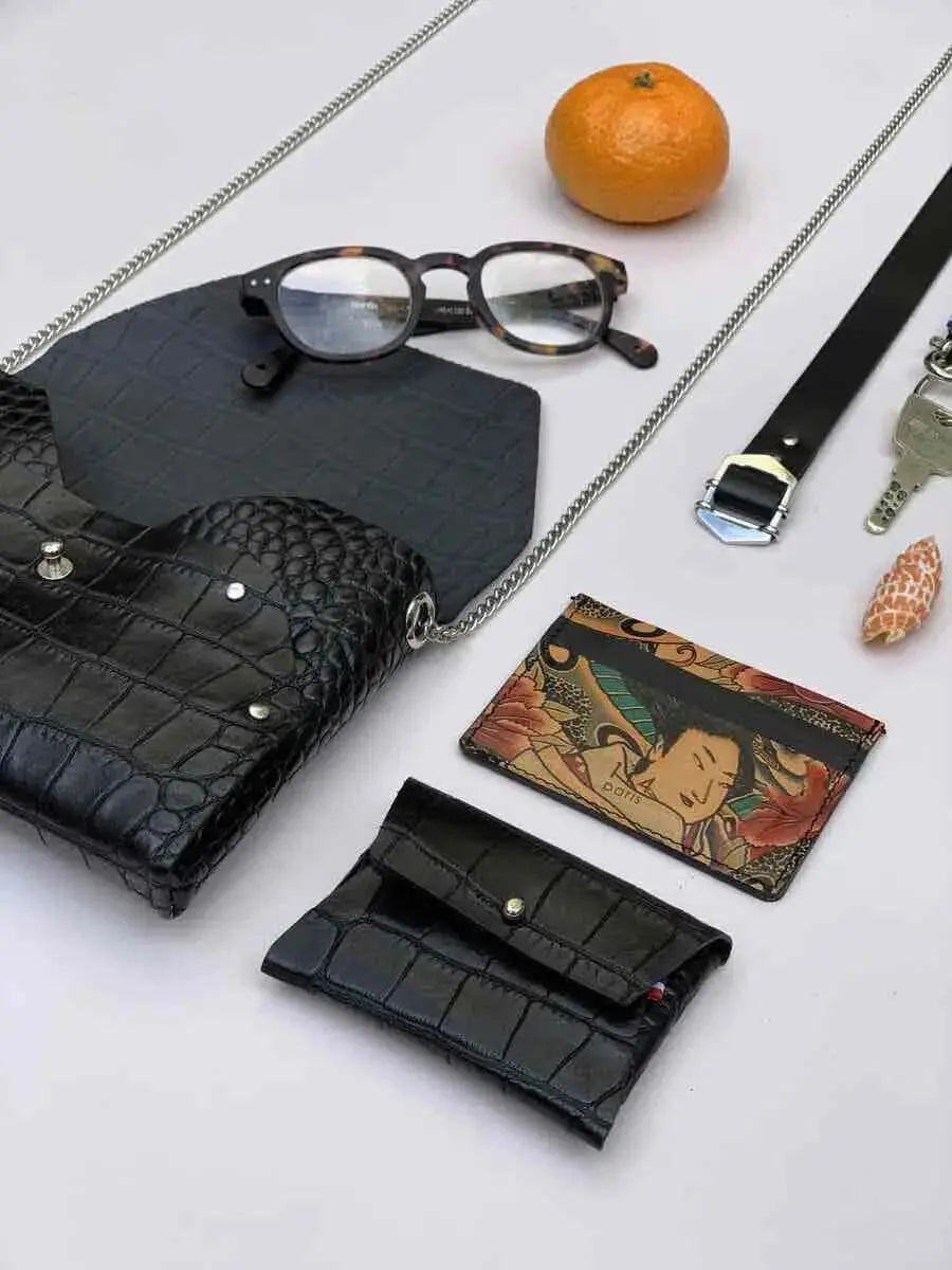 114 Paris Pliage mini sac cuir croco noir + porte-monnaie