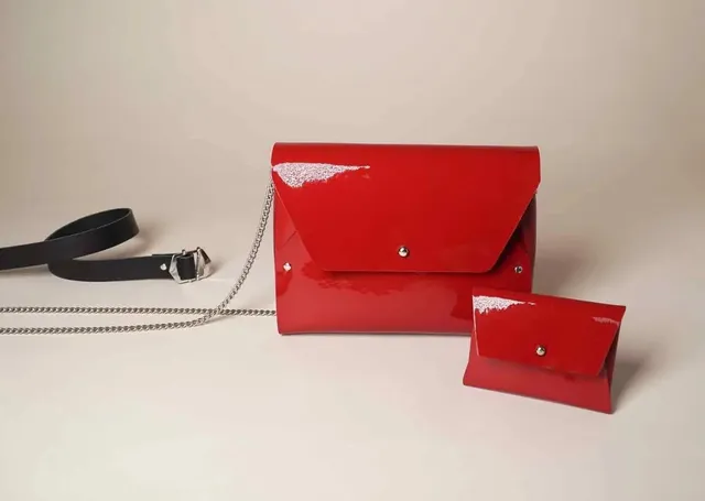 114 Paris Pliage mini sac cuir vernis rouge + porte-monnaie