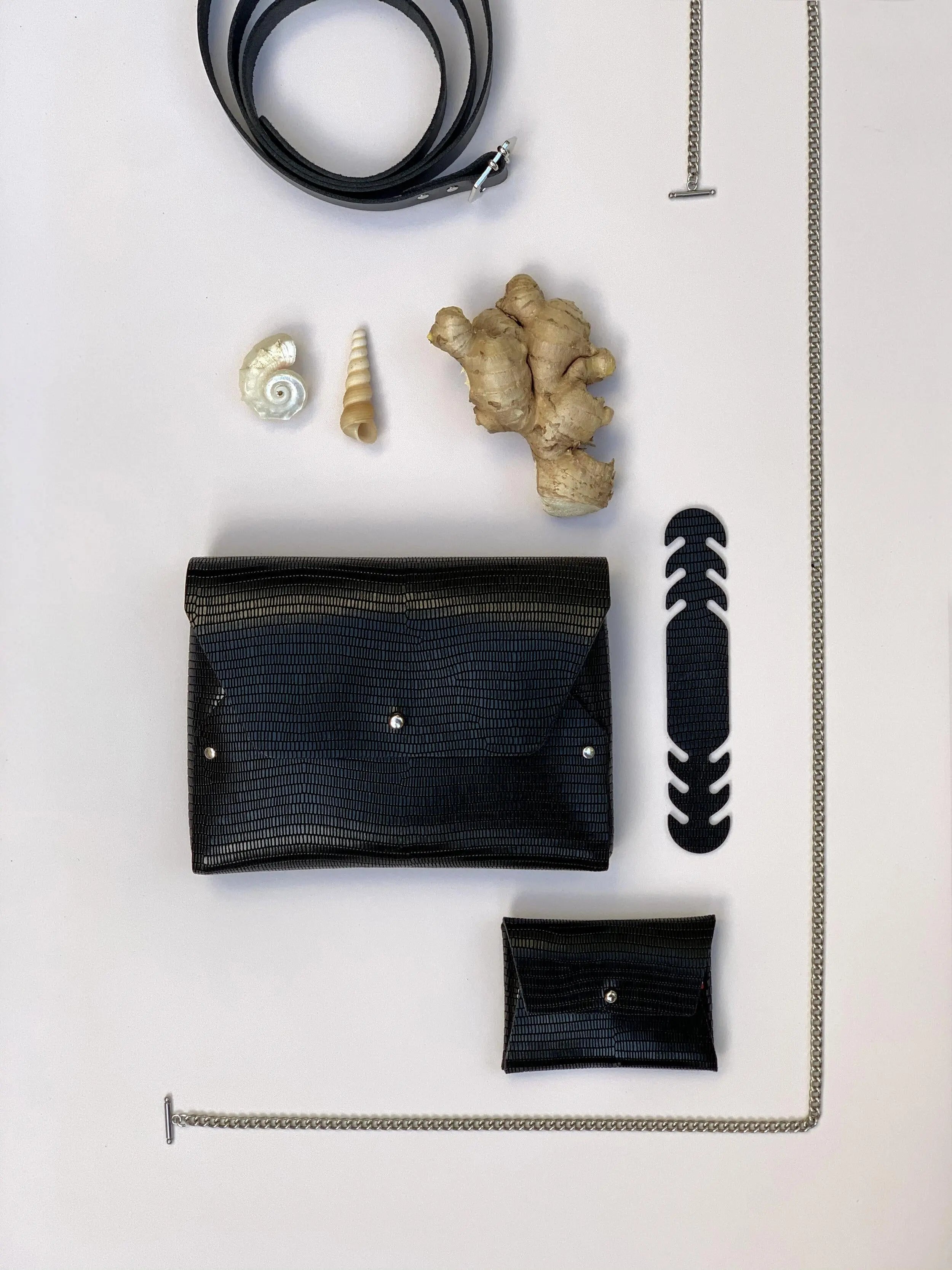 114 Paris Pliage mini sac cuir iguane noir + pochette