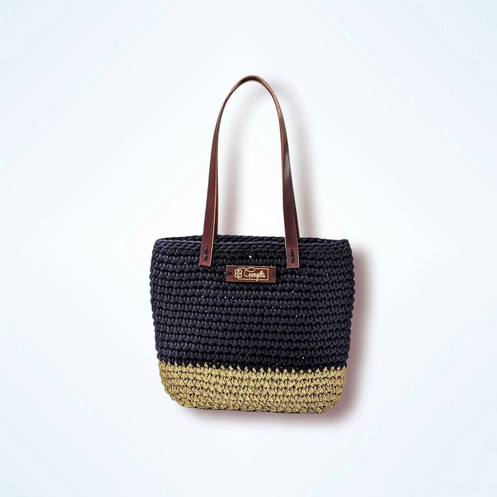 Georgetta Wendy cabas crochet bleu marine doré anses longues