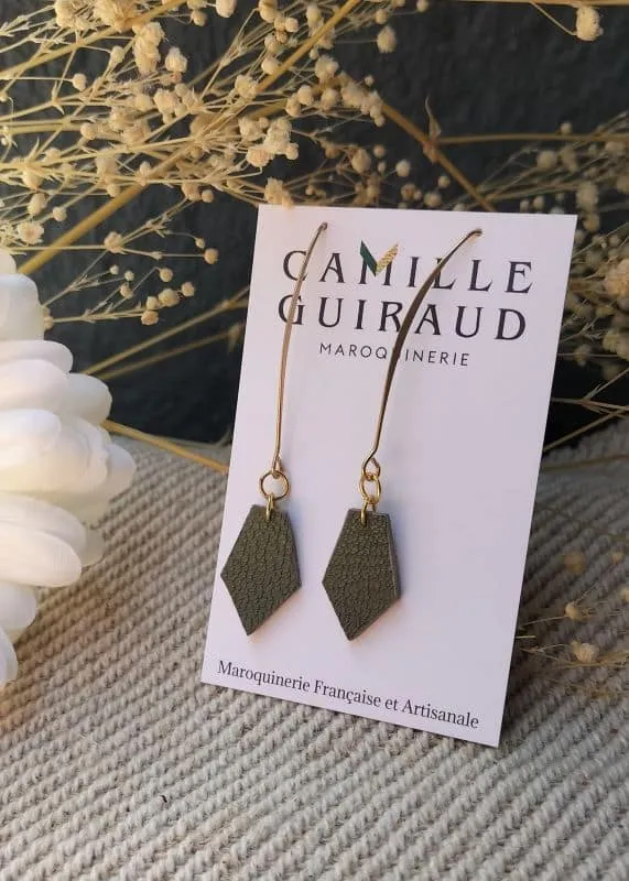 Camille Guiraud Pendantes boucles d'oreilles kaki liège cuir