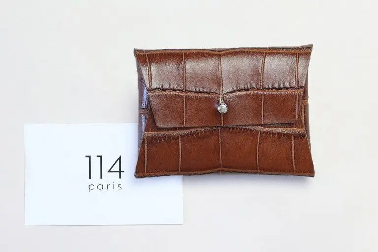 114 Paris Porte-monnaie cuir femme camel origami bouton