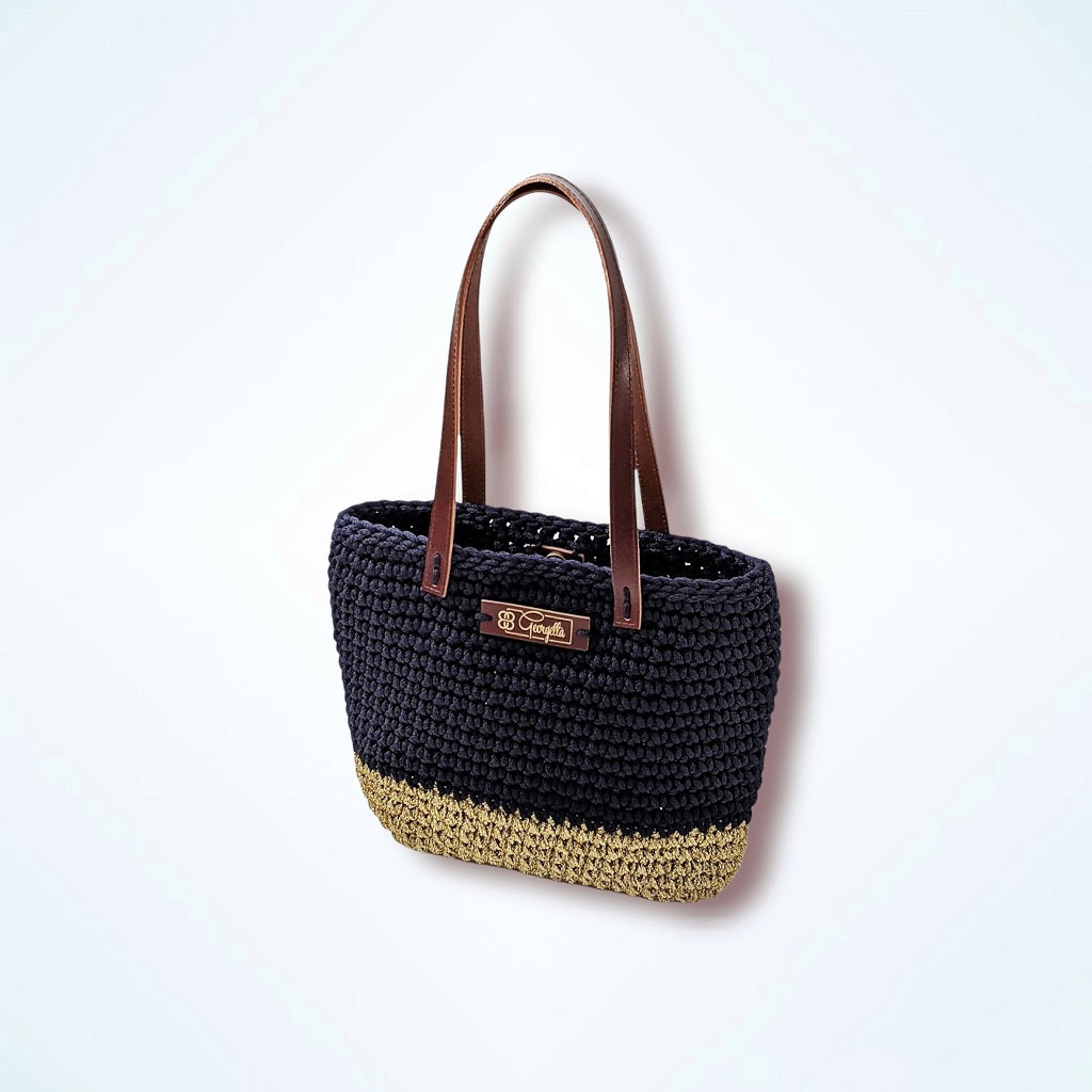 Georgetta Wendy cabas crochet bleu marine doré anses longues