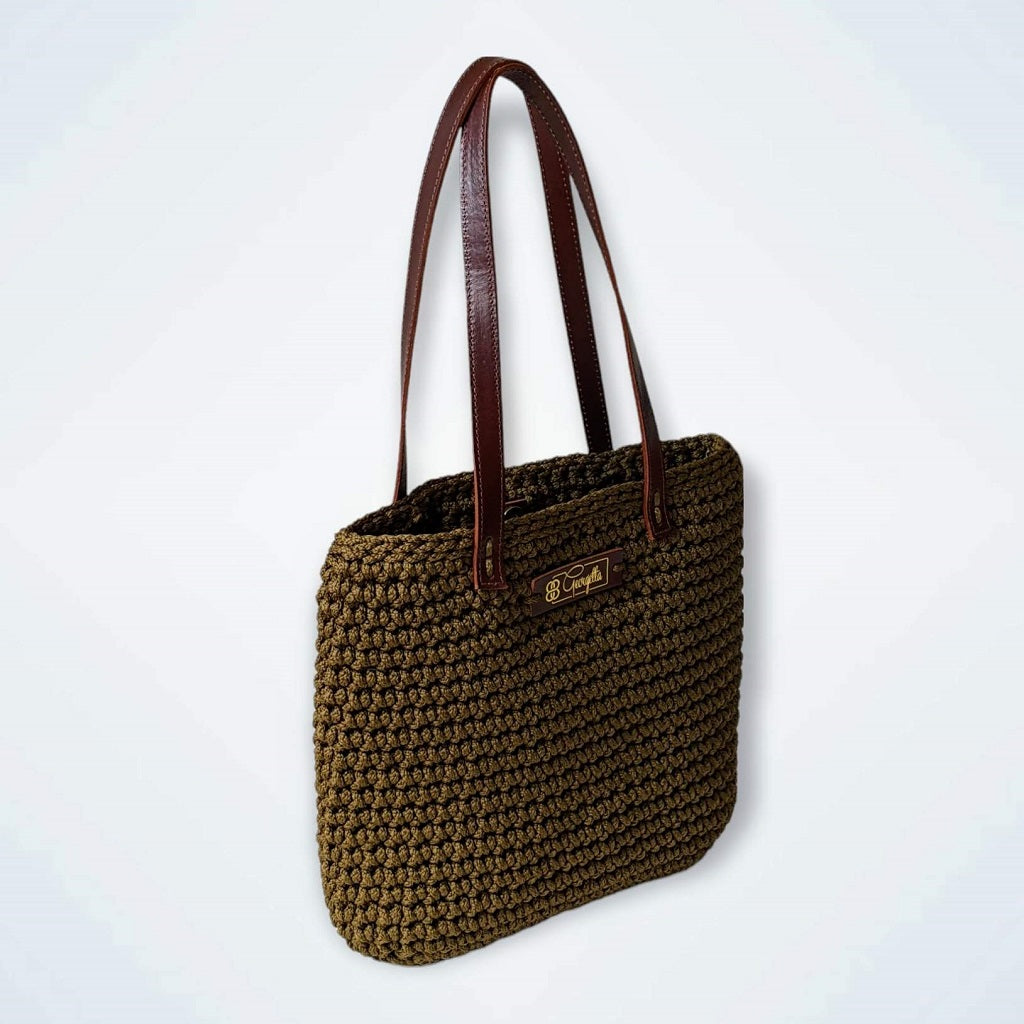 Georgetta Wendy cabas crochet kaki anses courtes cuir